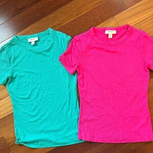 On 34th women’s ribbed t shirts. Teal and hot pink. Size XXS